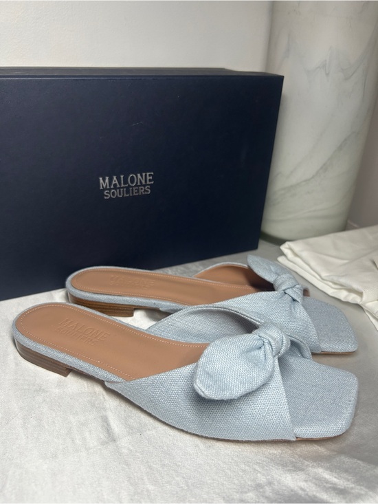 Malone Souliers Shoes - Malone Souliers Vargas Light Blue Linen Flats
